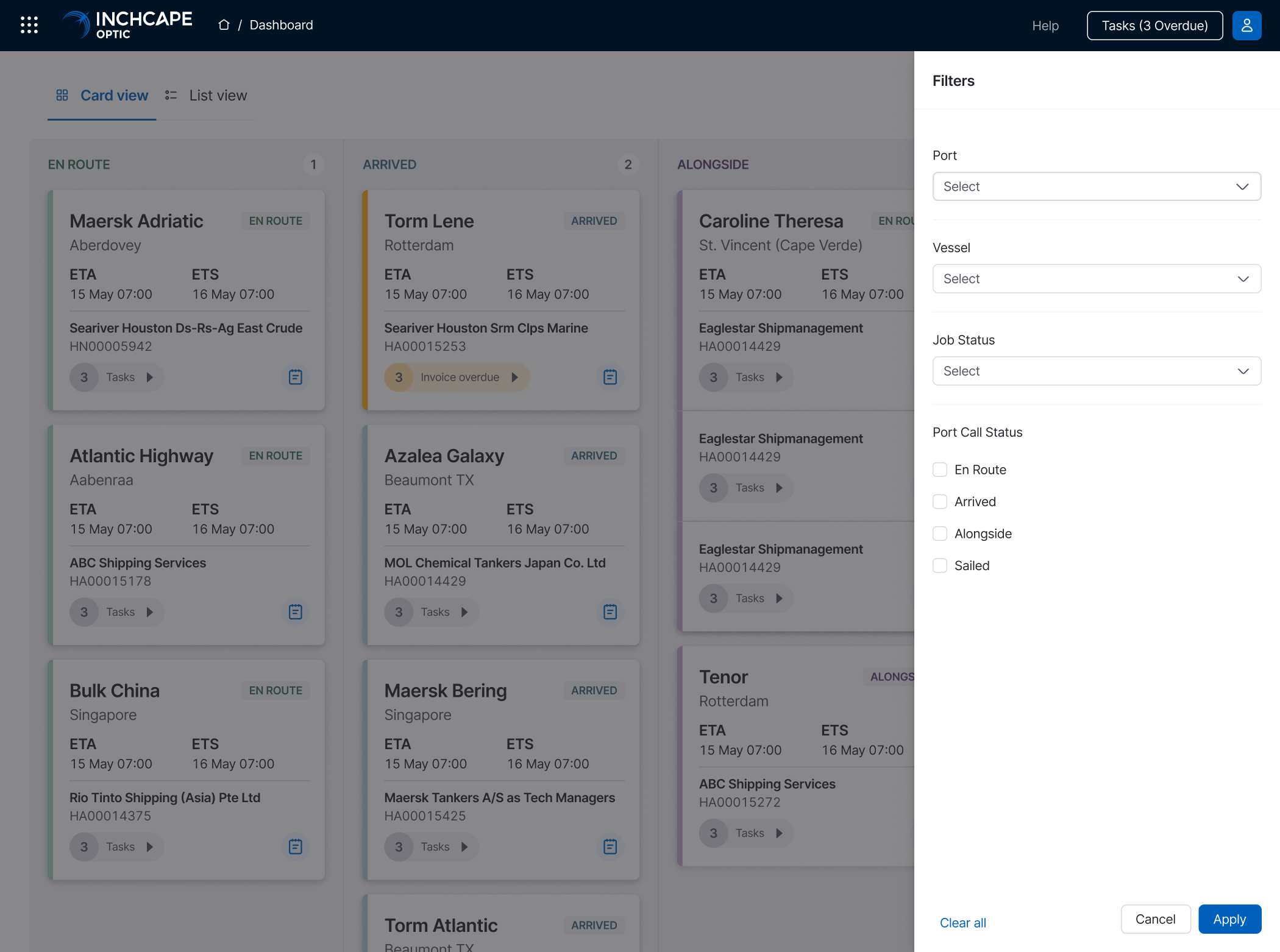Filters sidebar open over the dashboard